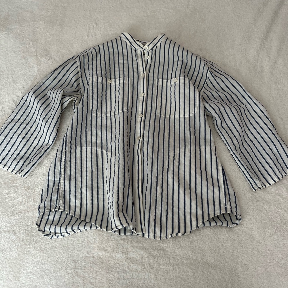 L.L. Bean Signature Brand Navy and White Striped Button-Up Shirt